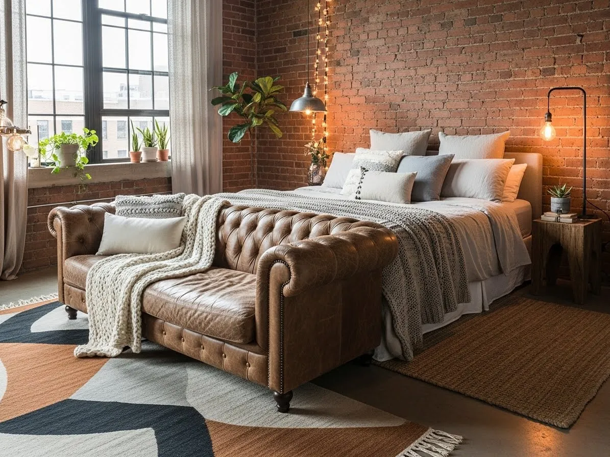 Bedroom with couch showcasing a tufted leather sofa in a loft-style bedroom with exposed brick.