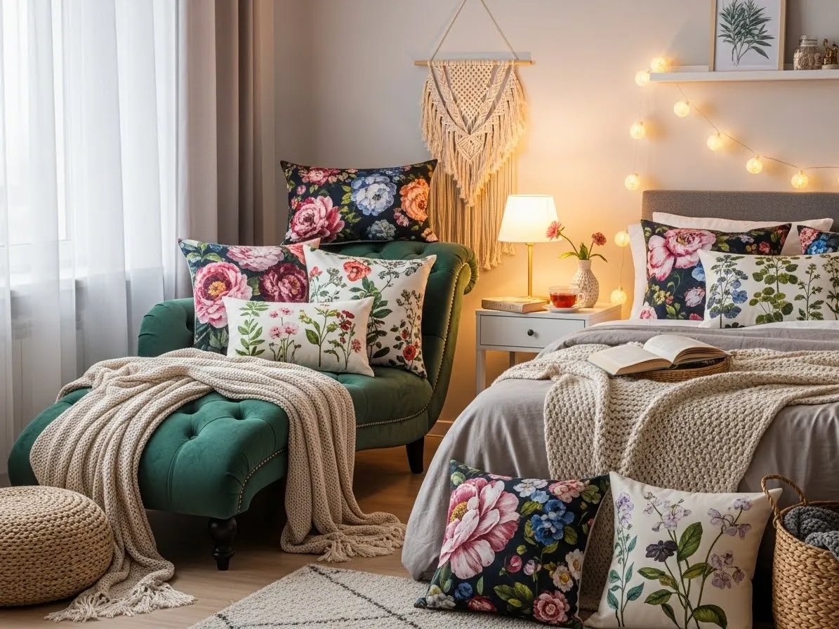 Bedroom with couch featuring a velvet chaise lounge with floral pillows for a cozy, inviting corner.