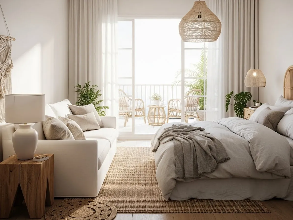 Bedroom with couch featuring a white slipcovered sofa with wicker balcony seating for a relaxed coastal feel.