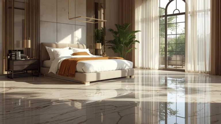 Luxury bedroom-with-tile-floor with marble-look tiles, layered bedding, and elegant statement decor