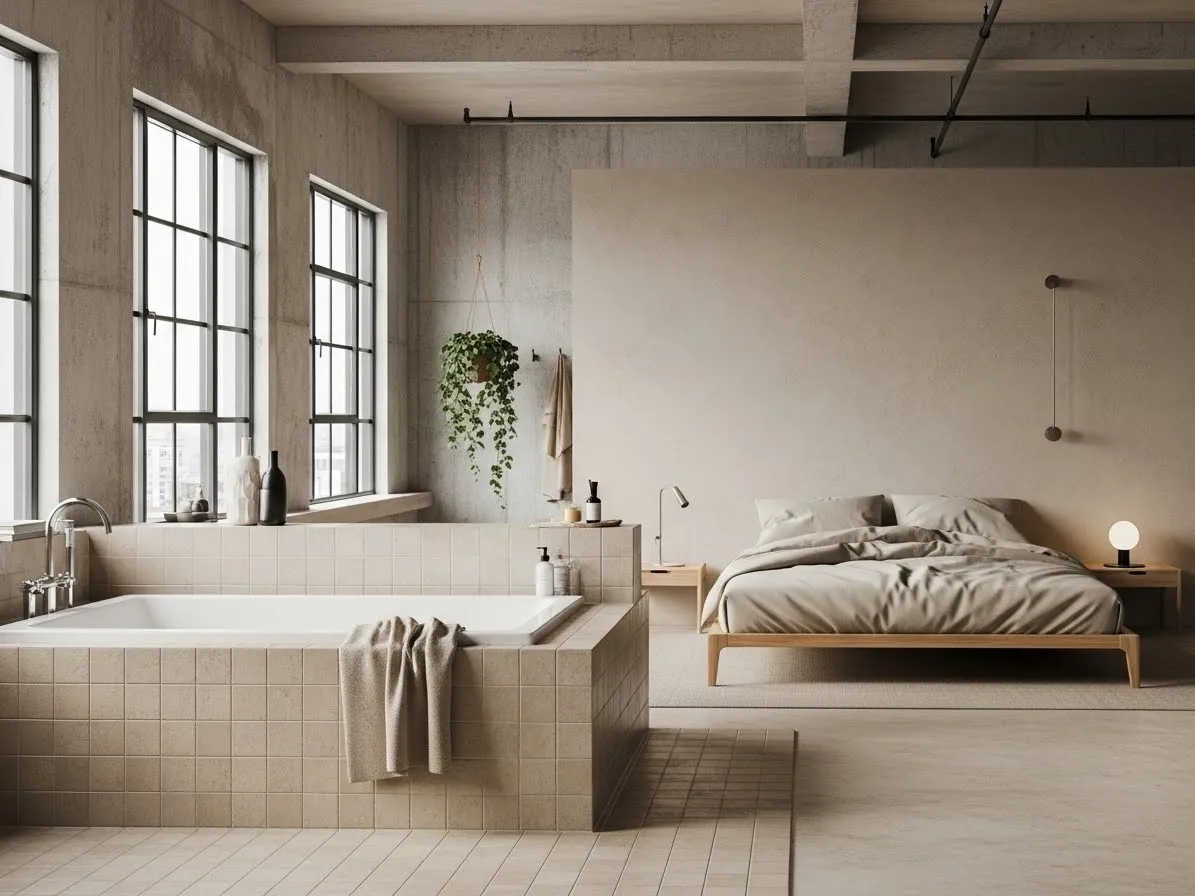 Beige industrial loft bedroom with bathtub and modern open-plan design