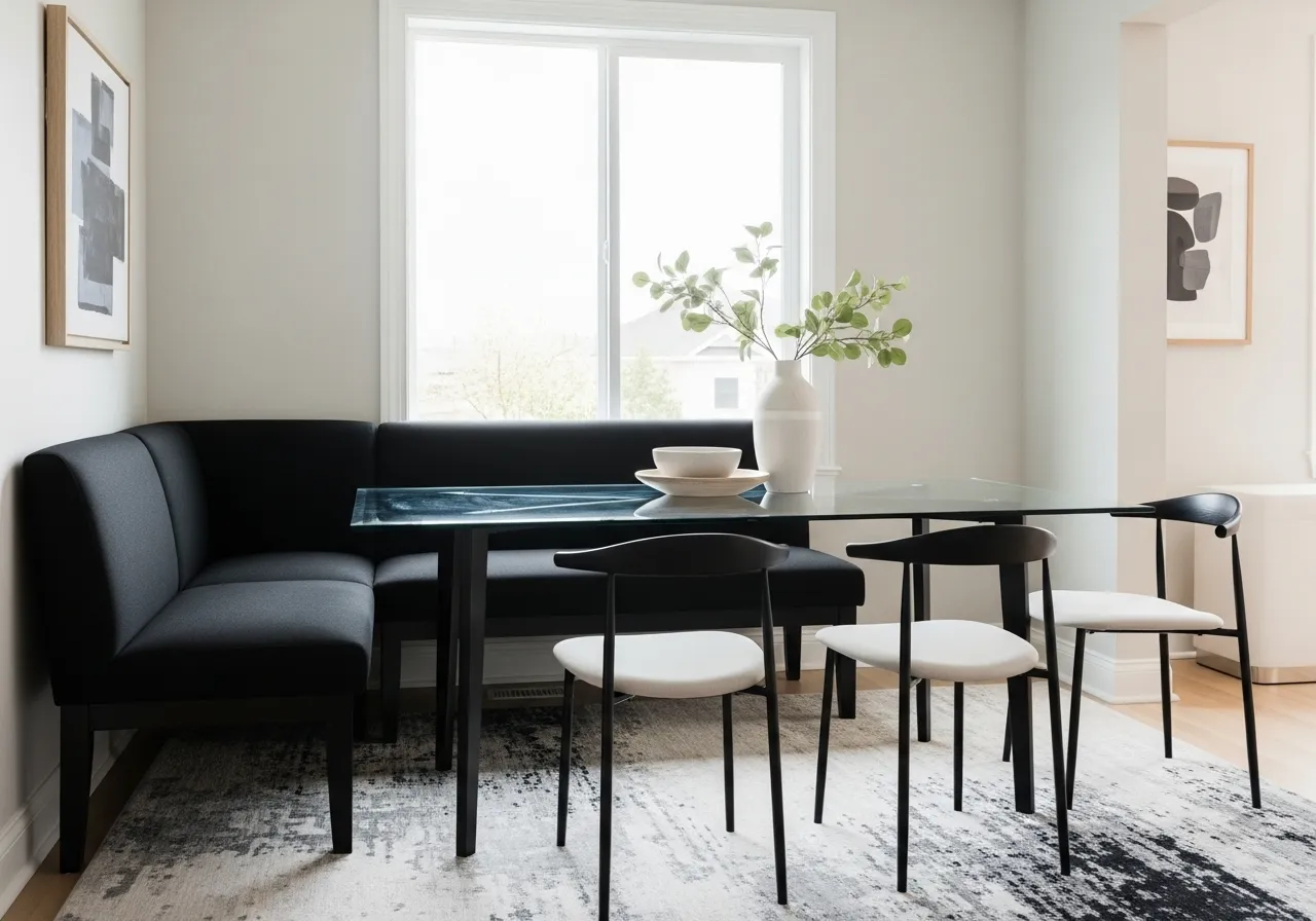 Black corner bench paired with a glass  table  in a modern dining space