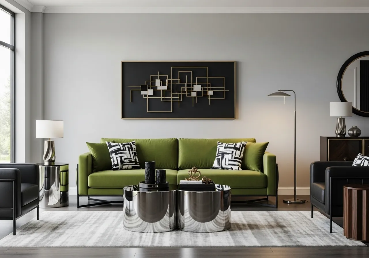Modern living-room-with-green-sofa with black and metallic accents