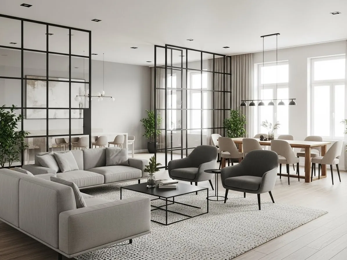 Living room featuring a black steel grid glass partition wall dividing the dining and seating areas