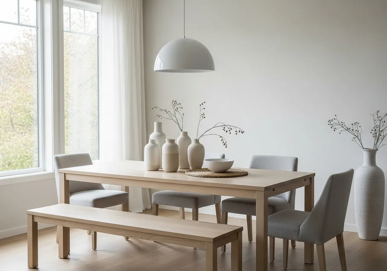 Blonde wood dining table with bench seating in a light and airy dining room