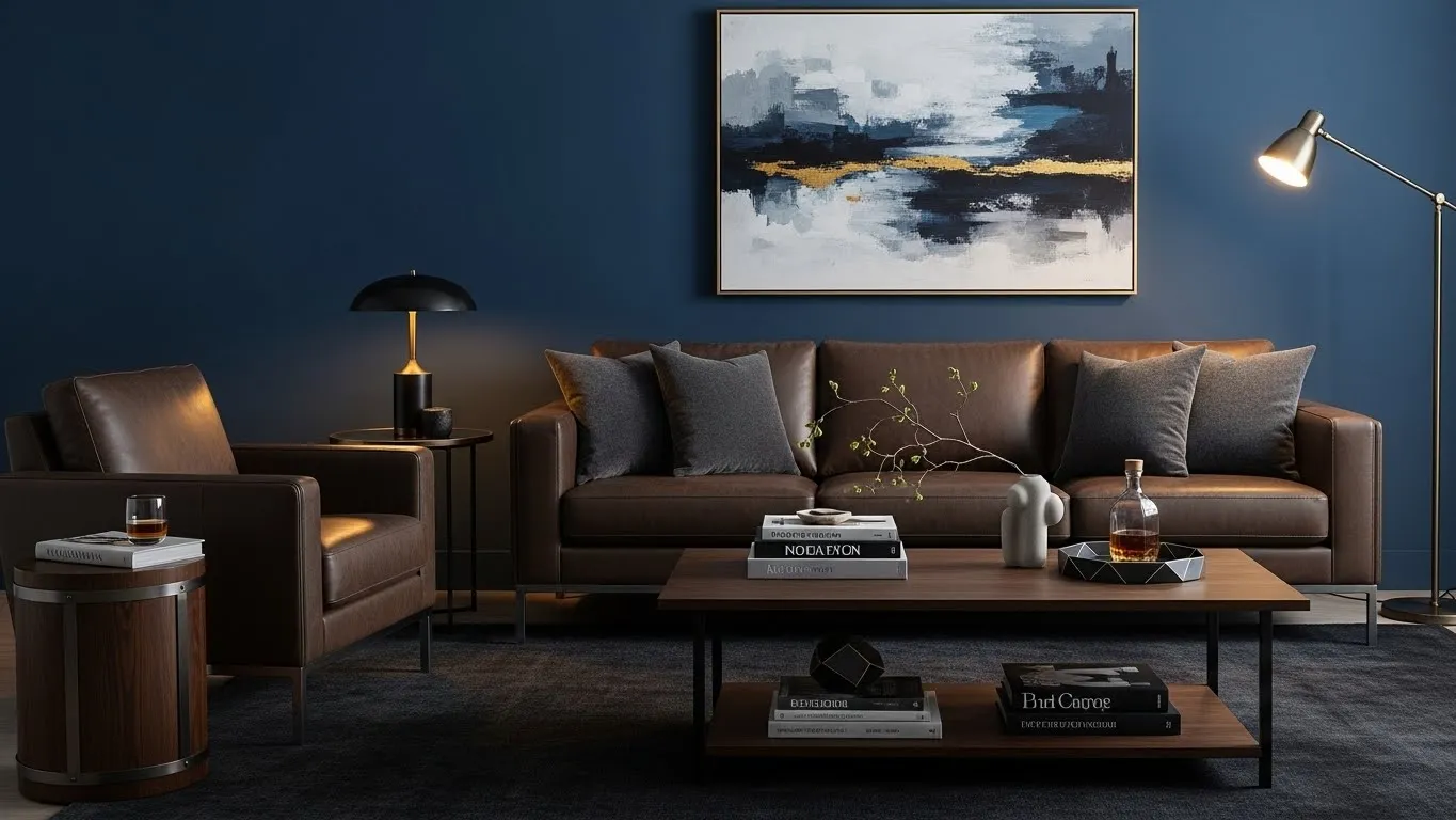 Masculine living room with deep blue walls and modern decor