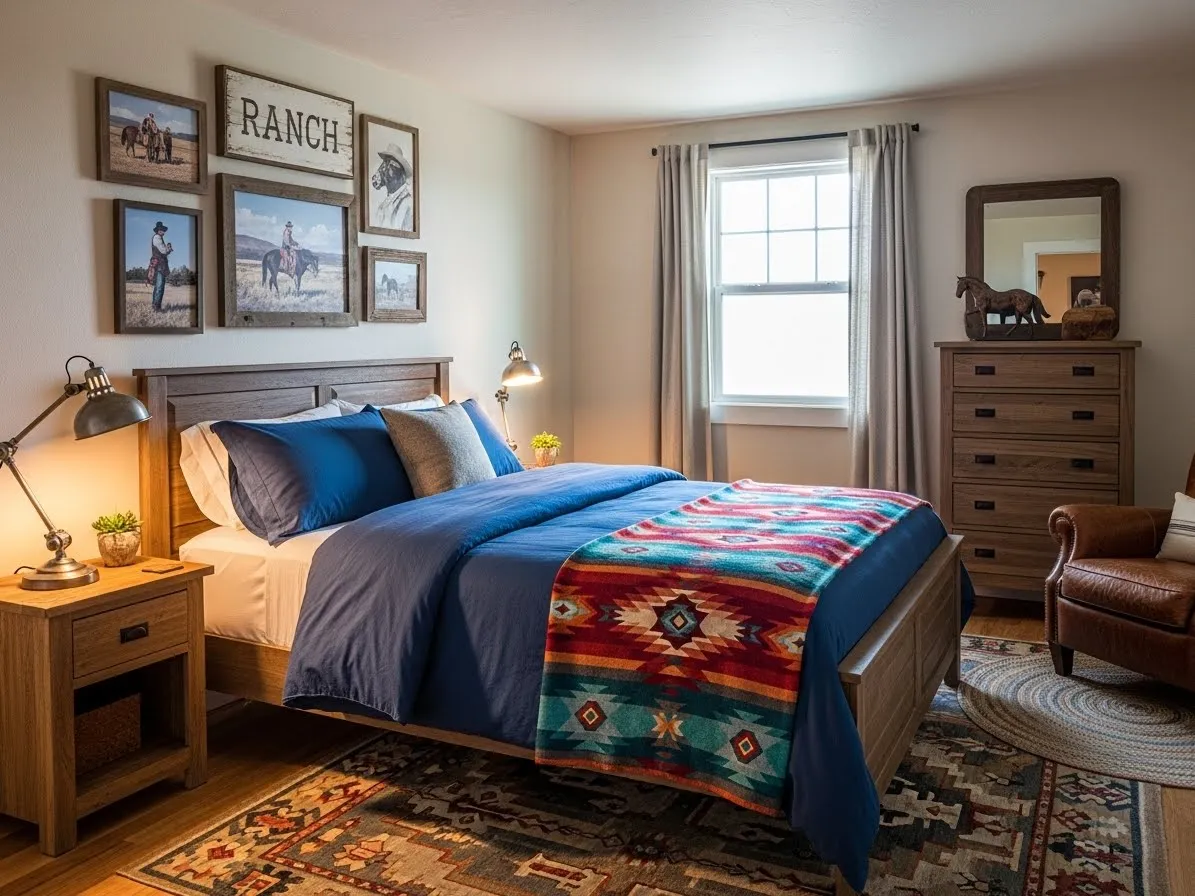 Blue western bedroom with Southwestern accents and rustic wooden furniture.