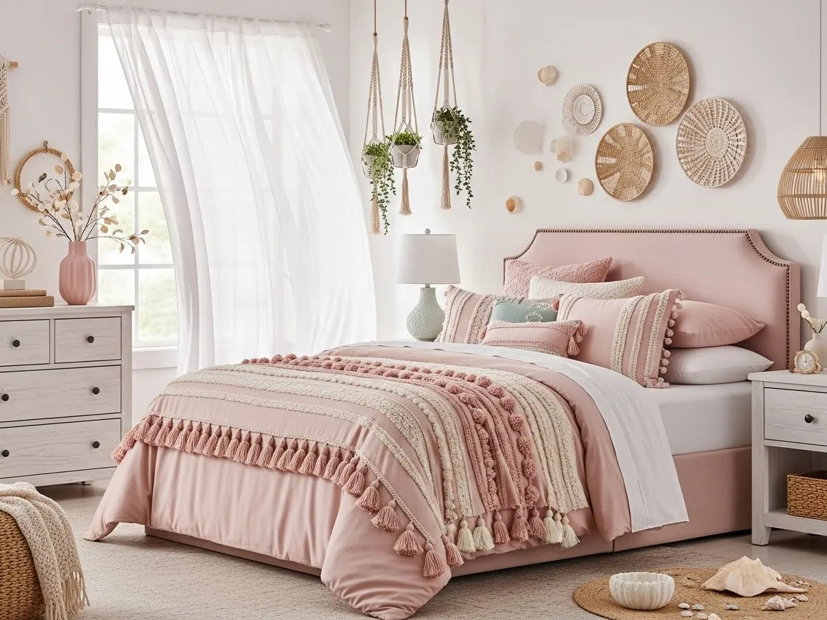 Blush pink boho coastal bedroom with soft textures and light coastal furniture”