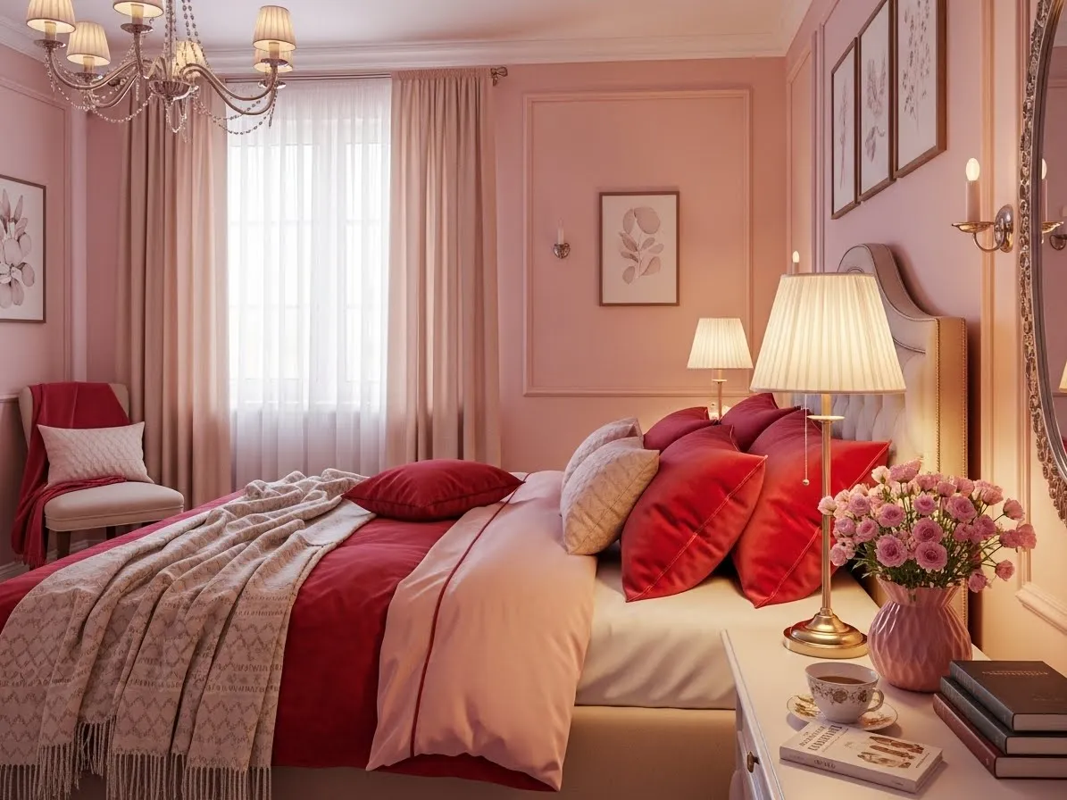 “Blush pink and cherry red bedroom with soft tones and warm accents for a romantic cozy space”