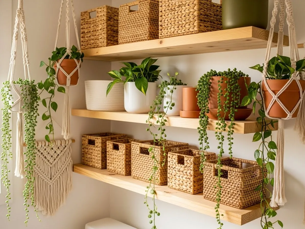Boho bathroom shelf decor ideas with natural textures