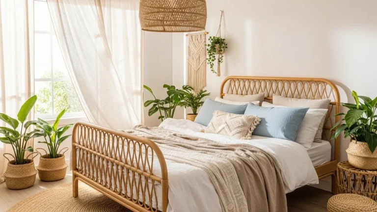“Boho coastal bedroom ideas with natural textures, soft coastal colors, and a relaxed beach-inspired design”