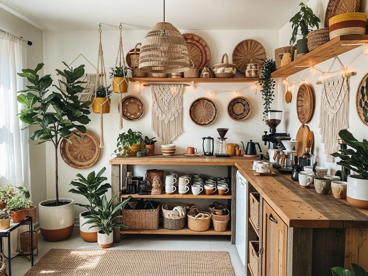 Boho style coffee bar with plants and textured decor