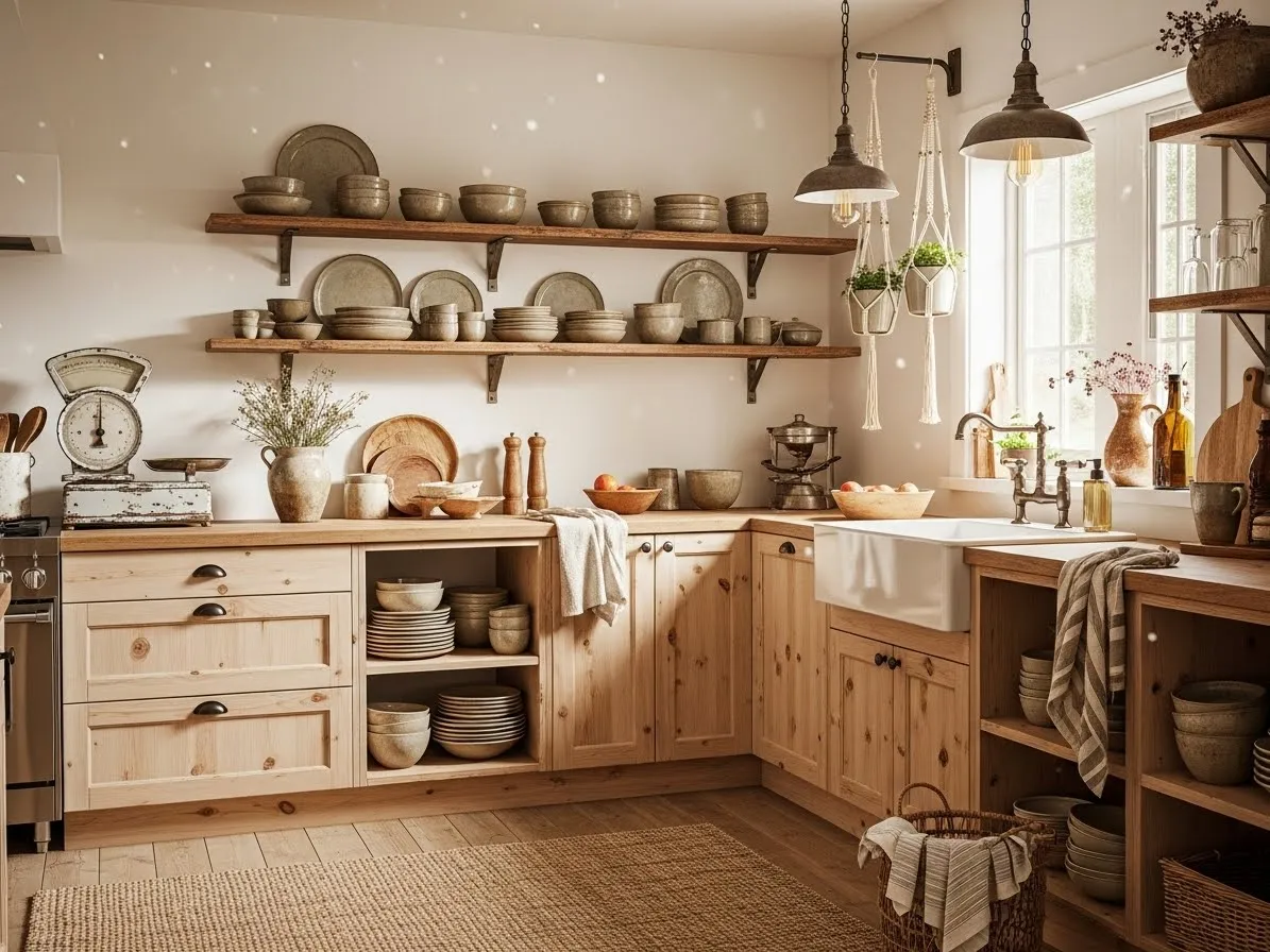 Boho kitchen ideas blending farmhouse charm with natural textures and warm decor.