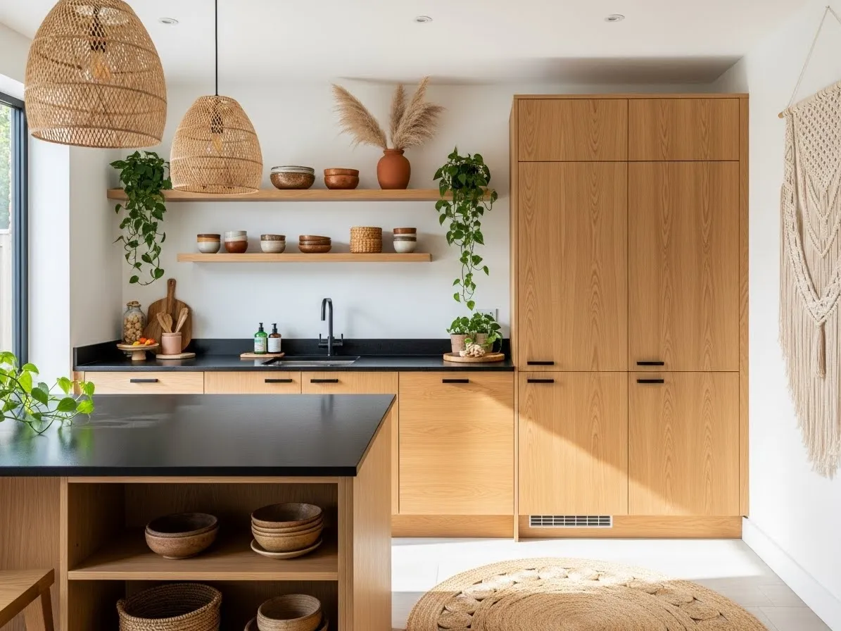 Boho kitchen ideas with black countertops and warm wood cabinetry.