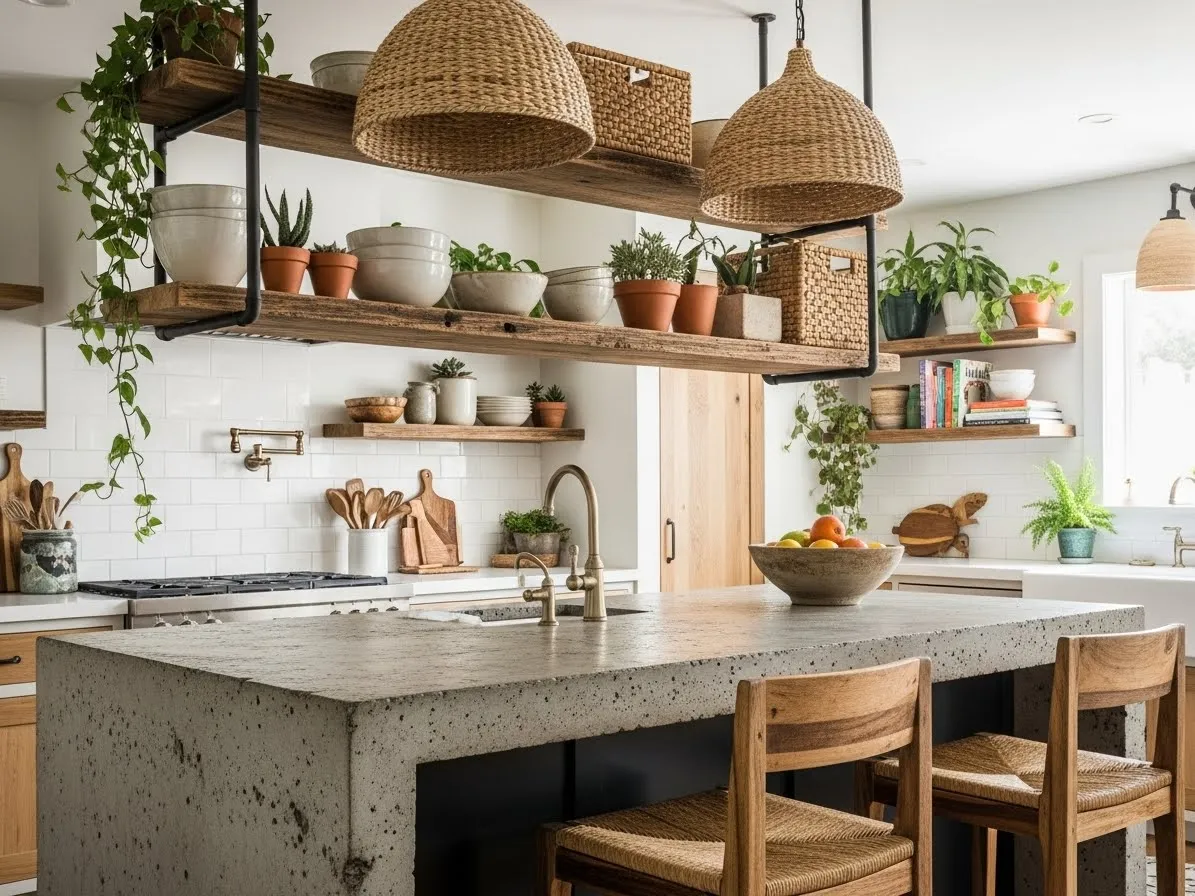 Boho kitchen ideas with woven bar stools and natural island seating.