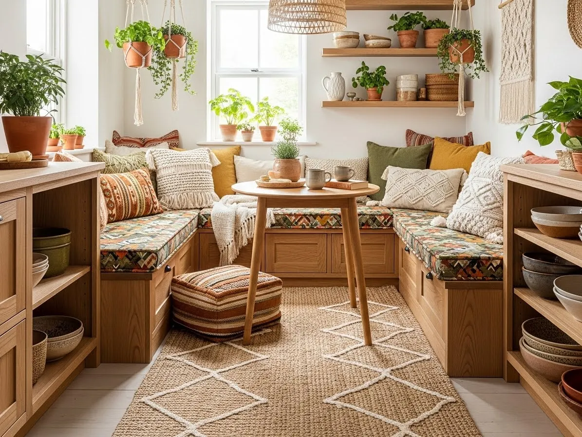 Boho kitchen ideas featuring a cozy nook with layered textures and natural materials.