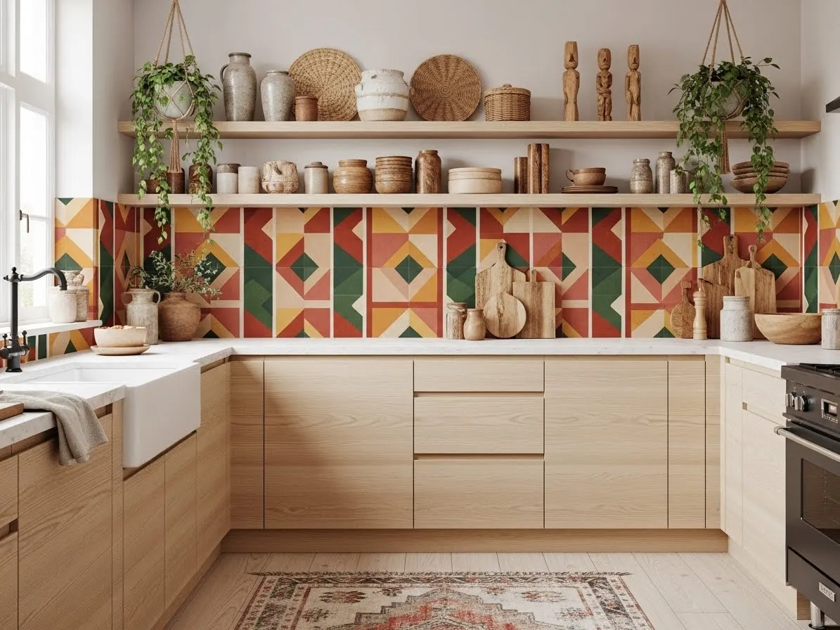 Boho kitchen ideas with bold patterned walls and layered textures.