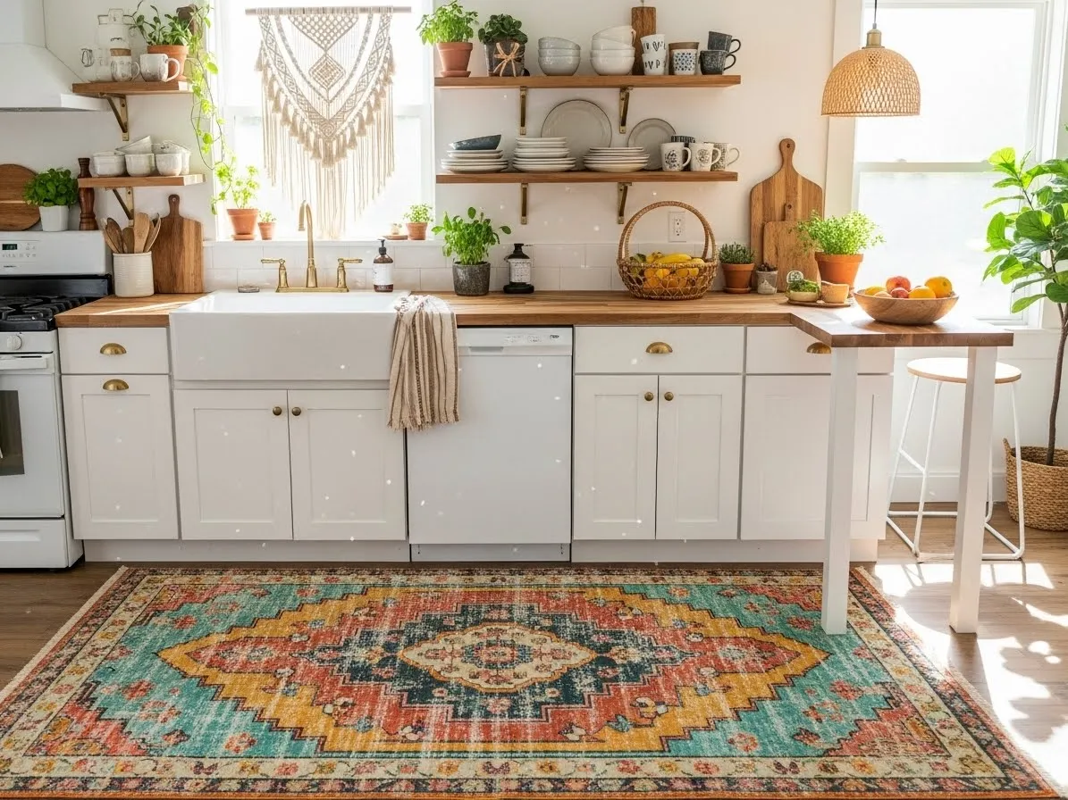 Boho kitchen ideas with patterned rugs adding warmth and personality.