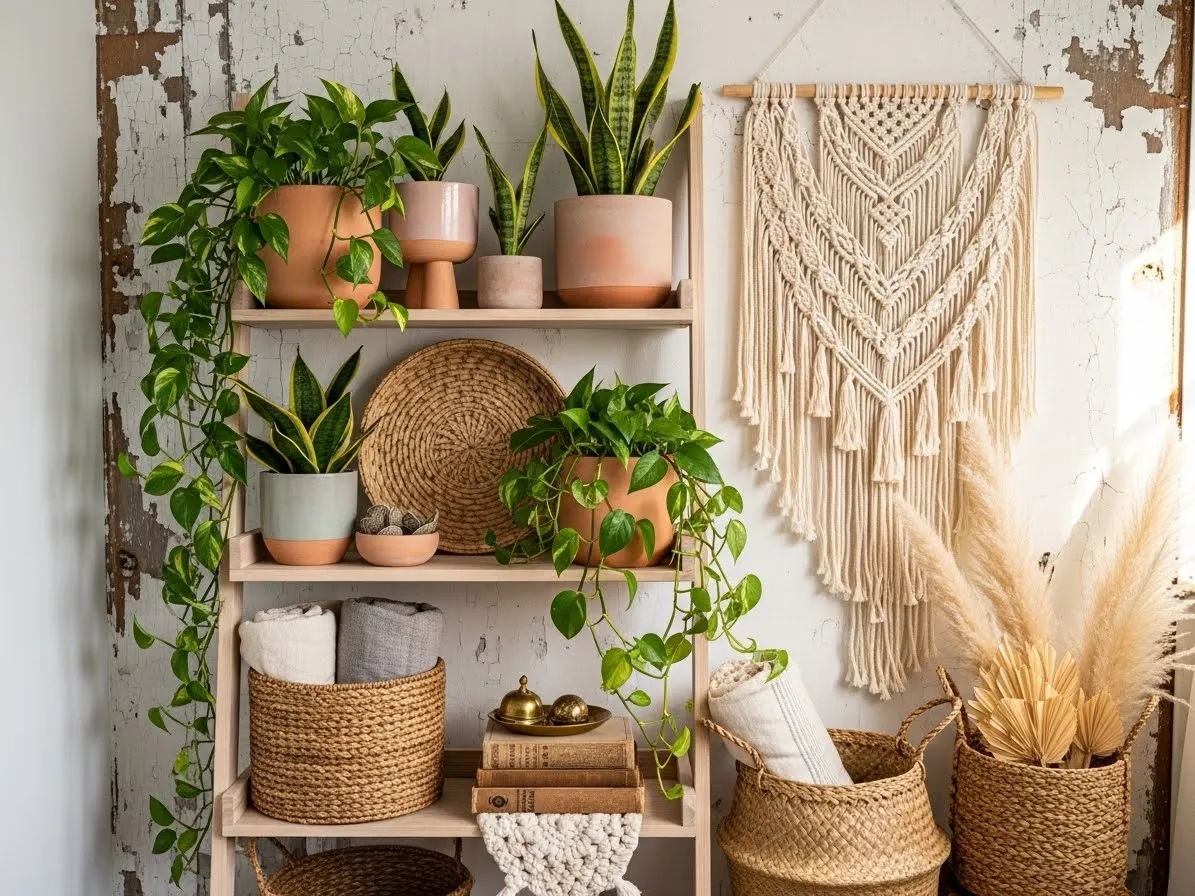 Boho ladder shelf decor ideas with natural textures