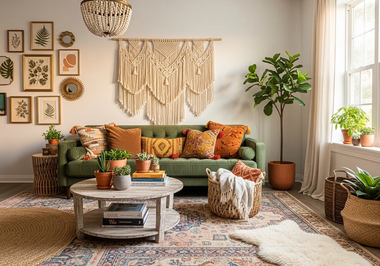 Boho living-room-with-green-sofa with macrame and layered textiles
