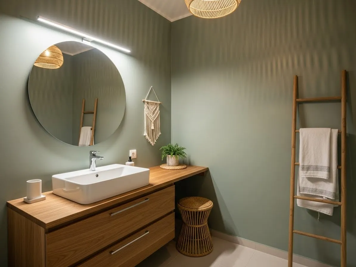 Boho style bathroom with earthy color palette using sage green walls and natural wood accents