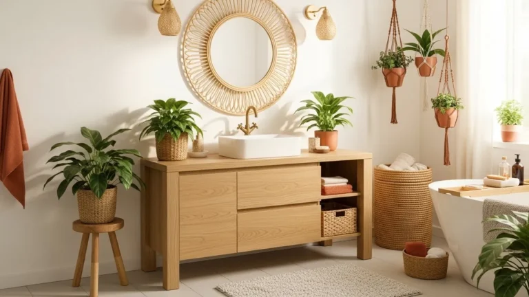 Boho style bathroom with wooden vanity, rattan mirror, plants, and natural textures creating a warm and relaxing retreat