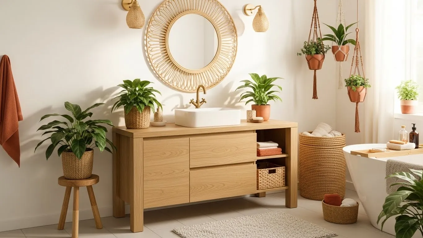 Boho style bathroom with wooden vanity, rattan mirror, plants, and natural textures creating a warm and relaxing retreat