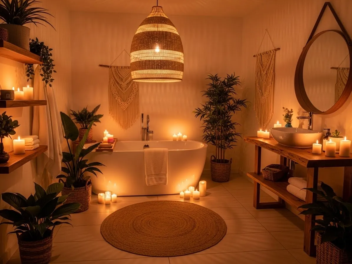 Boho style bathroom with warm lighting and woven pendant lamp for a cozy ambiance