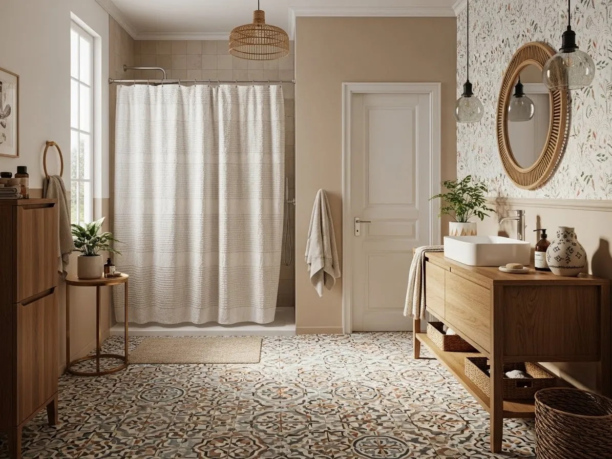 Boho style bathroom with Moroccan tiles and subtle patterns in a balanced design