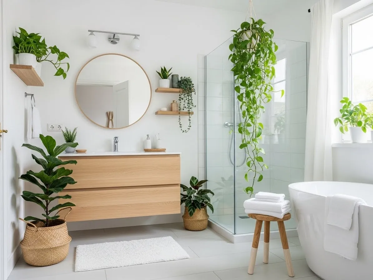 Boho style bathroom decorated with indoor plants for a fresh and natural spa-like feel