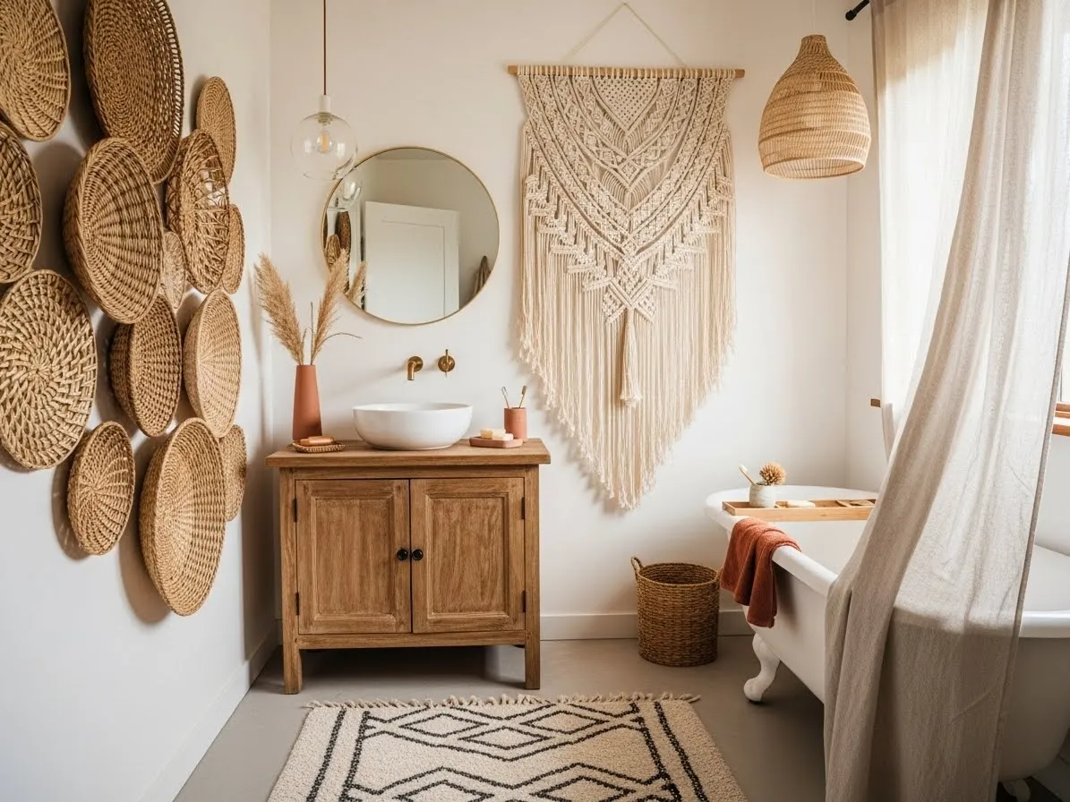 Boho style bathroom decorated with indoor plants for a fresh and natural spa-like feel