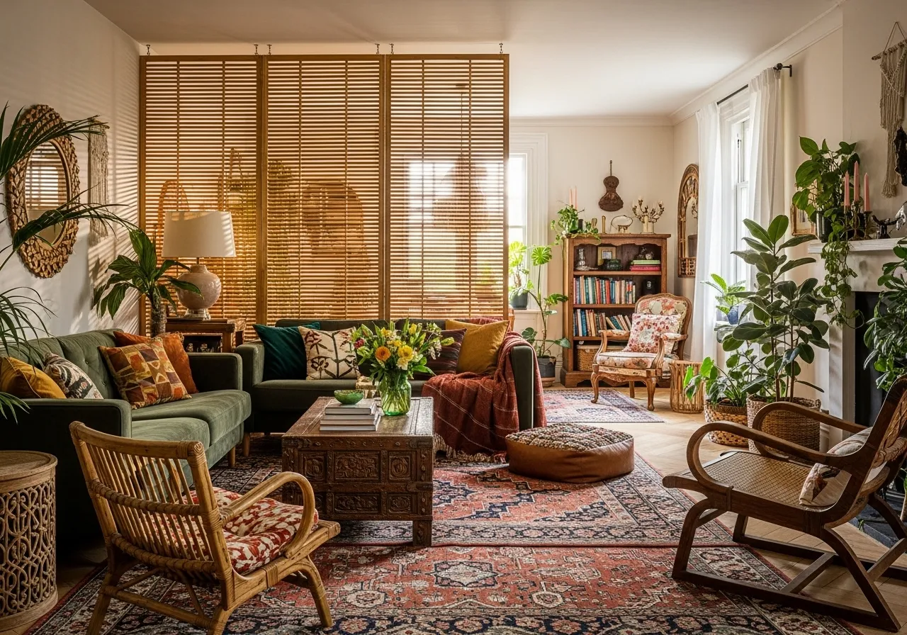 Boho vintage living room ideas featuring a bamboo room divider for stylish space zoning