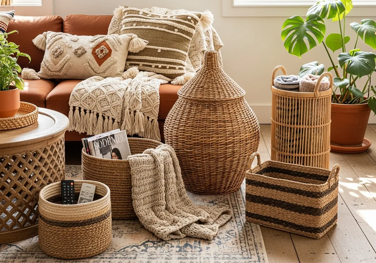 Boho vintage living room ideas with decorative storage baskets