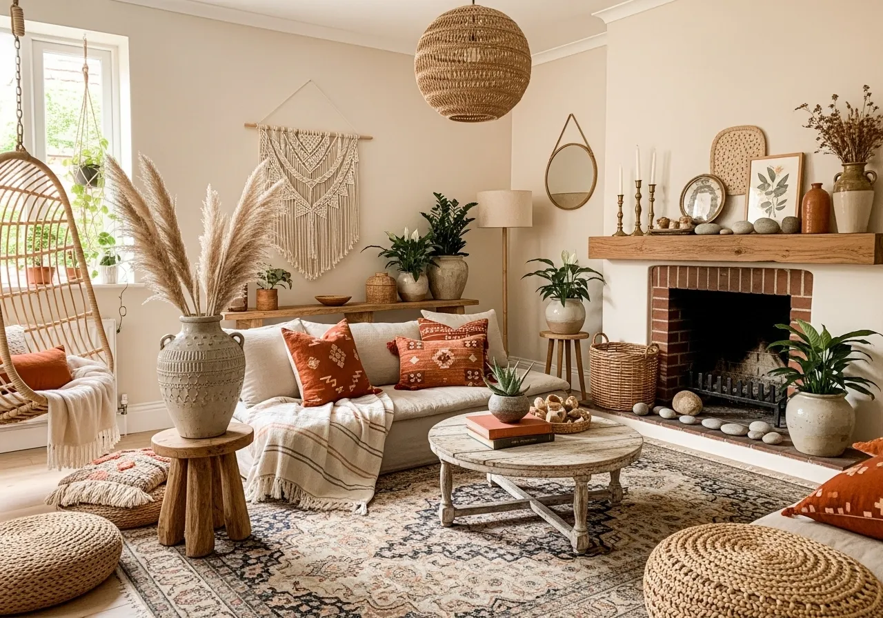 Boho vintage living room ideas with earthy color palette