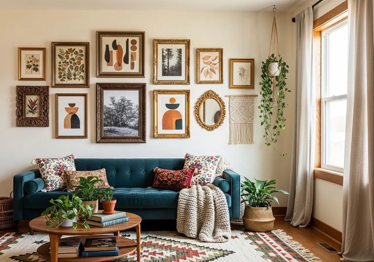Boho vintage living room ideas with a vintage gallery wall