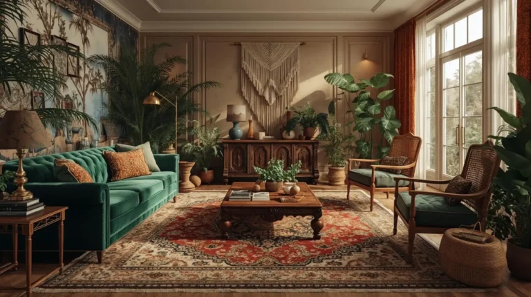 Boho vintage living room ideas with velvet sofa, layered rugs, warm colors, and rich textured decor