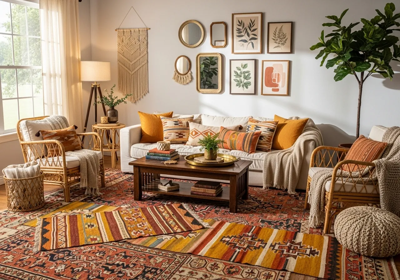 Boho vintage living room ideas with layered vintage rugs