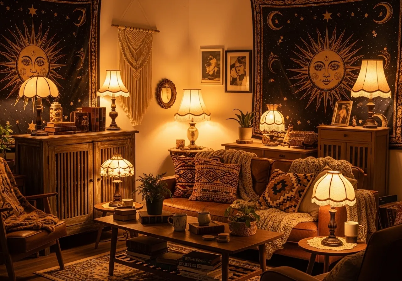 Boho vintage living room ideas with warm ambient lighting