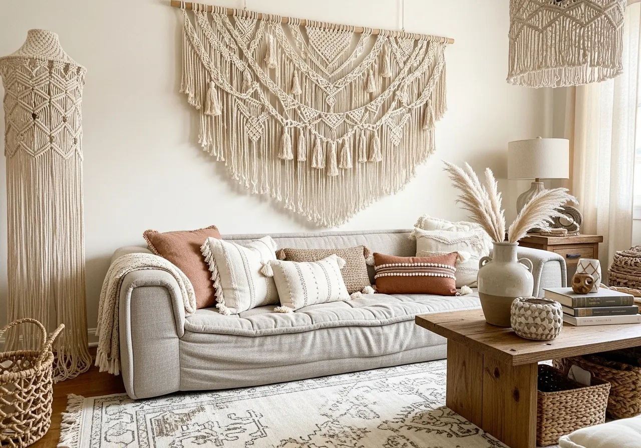 Boho vintage living room ideas with macramé wall art