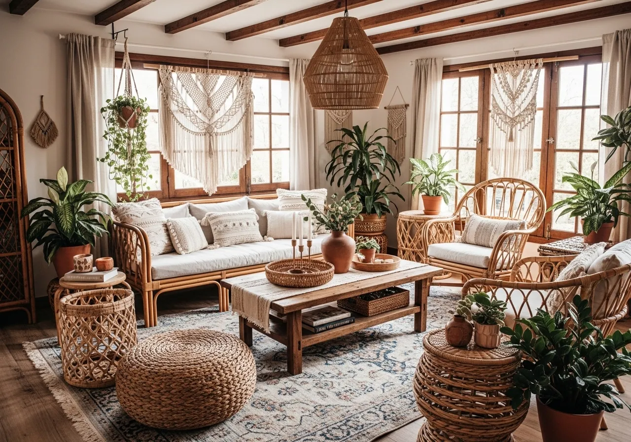 Boho vintage living room ideas using natural materials like rattan and wood
