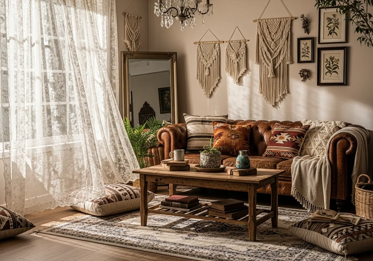 Boho vintage living room ideas with sheer curtains
