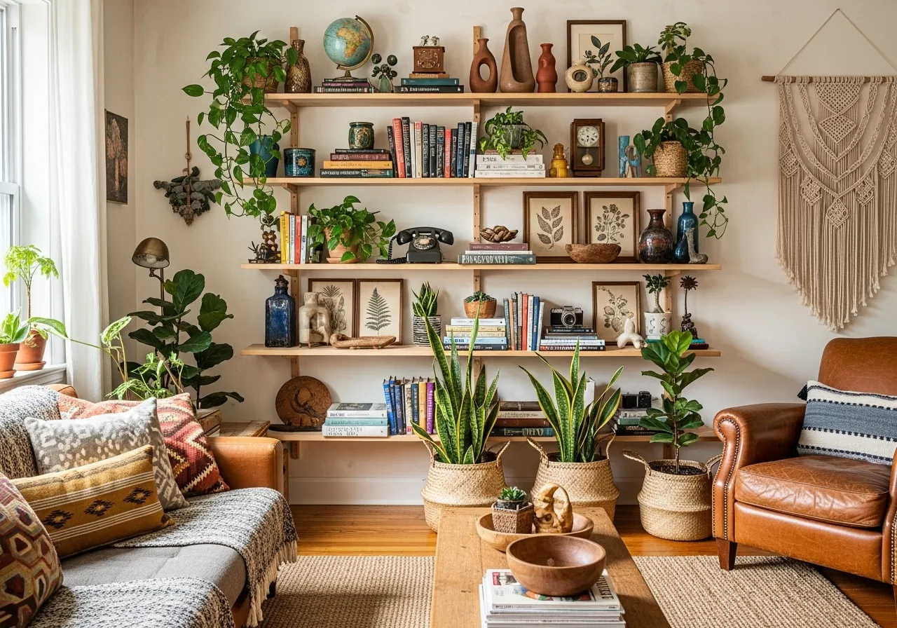 Boho vintage living room ideas with styled open shelves