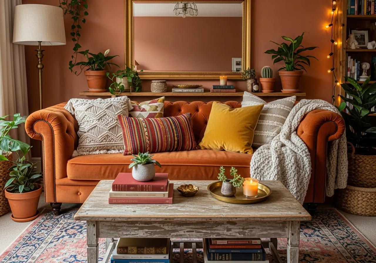 Boho vintage living room ideas with a statement vintage sofa