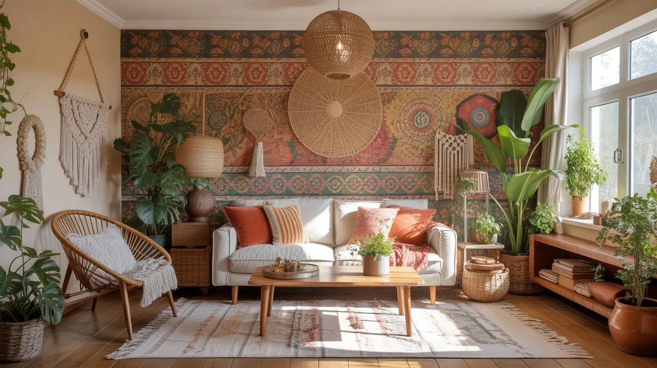 Cozy boho living room with colorful wallpaper and layered textures