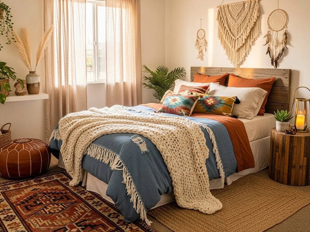 Boho western bedroom with layered textures