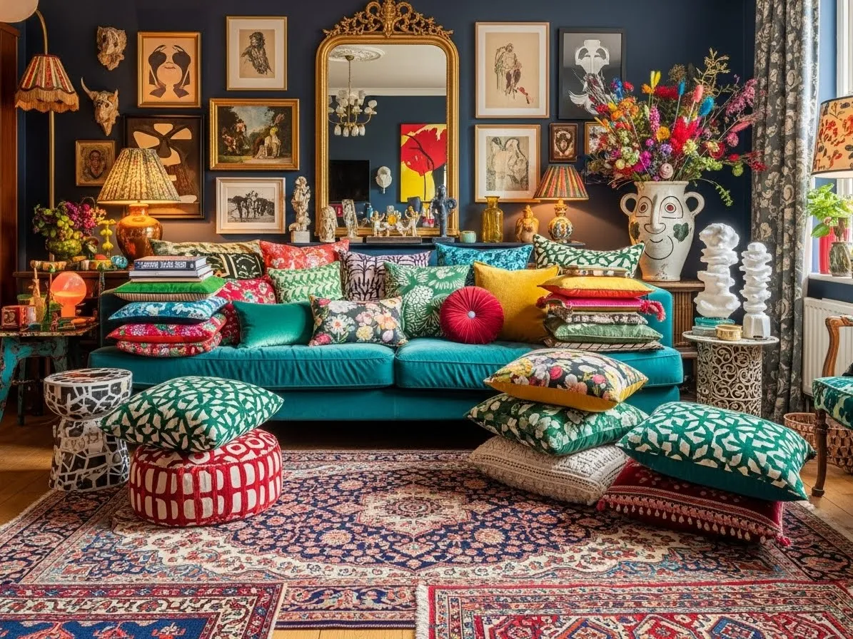 Maximalist living room featuring a bold color sofa as a focal point