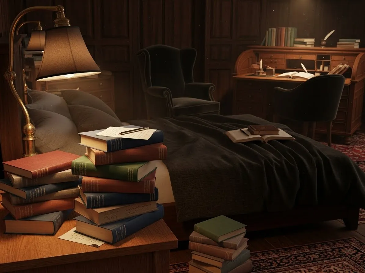 Books styled as decor in a cozy dark academia bedroom