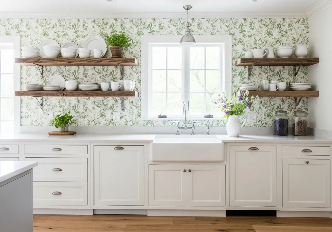 Botanical farmhouse wallpaper ideas with soft green tones