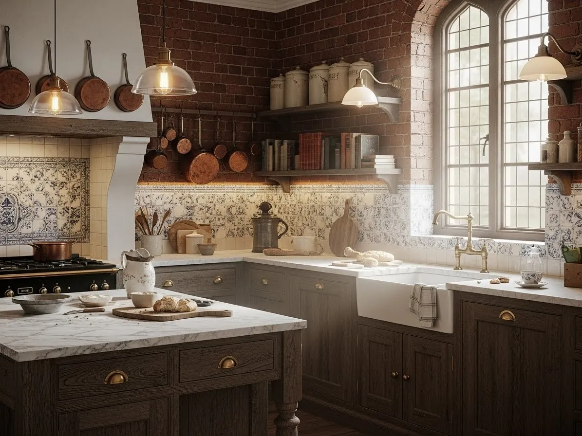 Brick and tile backsplash adding vintage charm to a dark academia kitchen