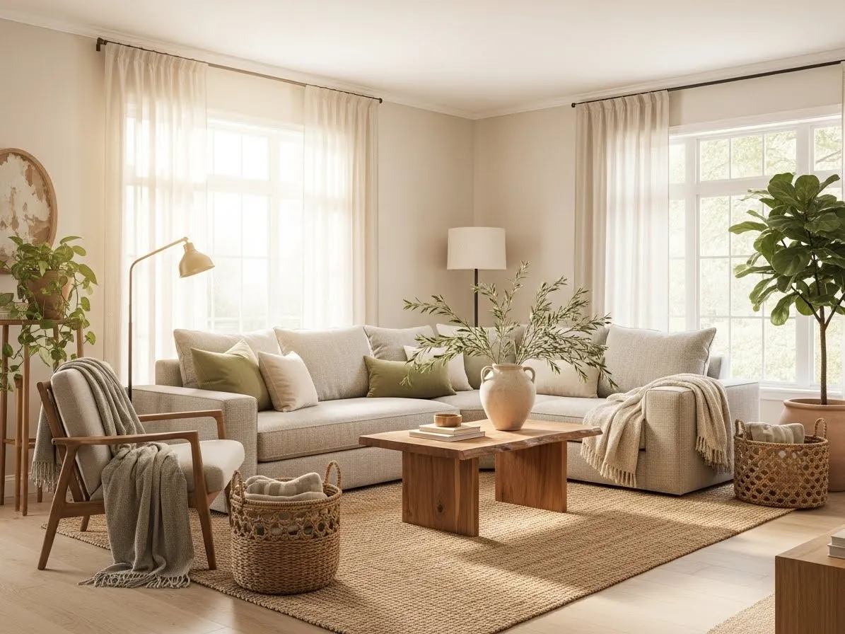 Bright yet warm earthy living room with light neutral tones and natural textures